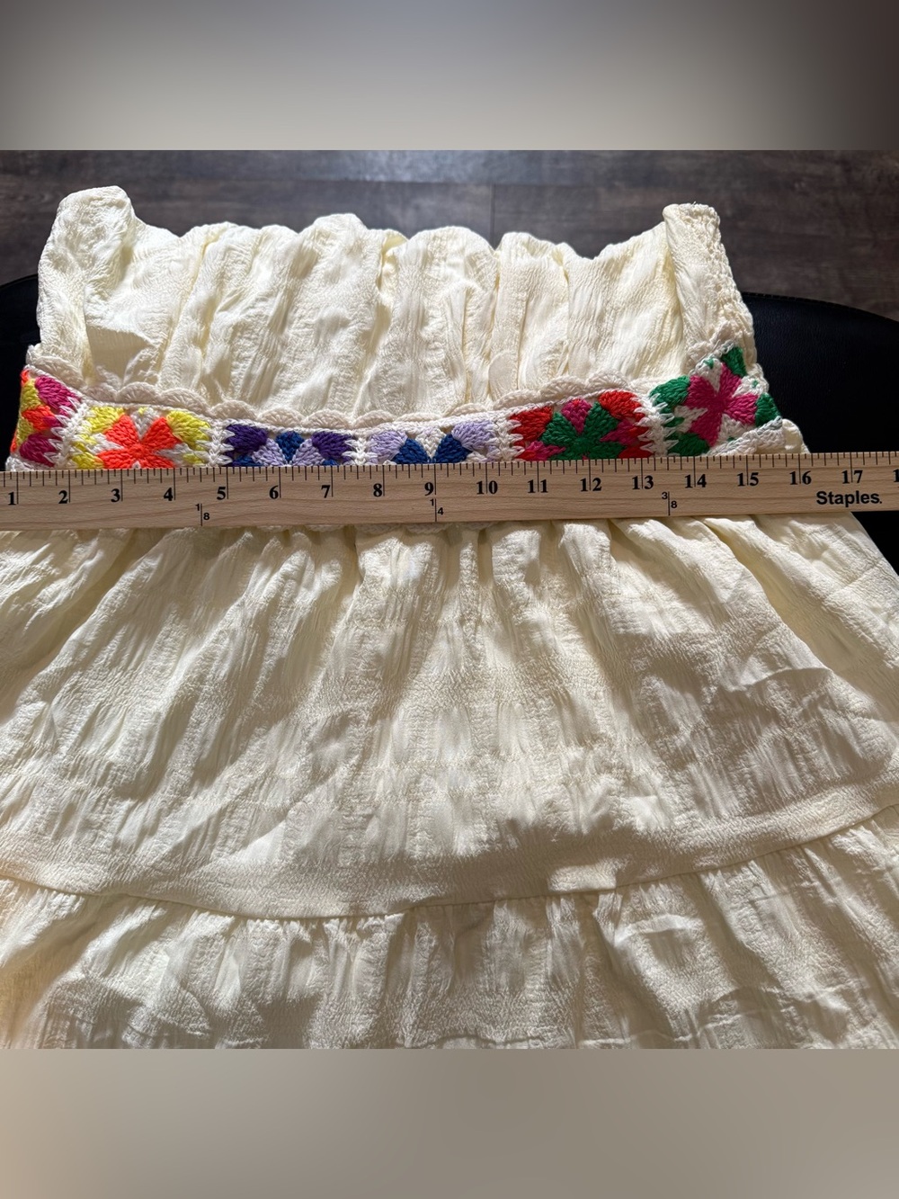 Boho Buttercream Textured Sun Dress Colorful Crochet Waistband - Picture 7 of 11